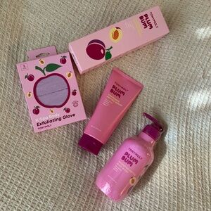 Tony Moly Plum Bum Tightening Body Serum Wash Scrub Exfoliate Glove Bundle Set